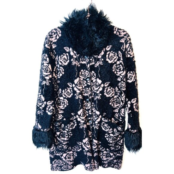 Black Rivet Pink & Black Fuzzy Floral Button-Up Long Coat Faux Fur Front Pockets - Picture 1 of 3